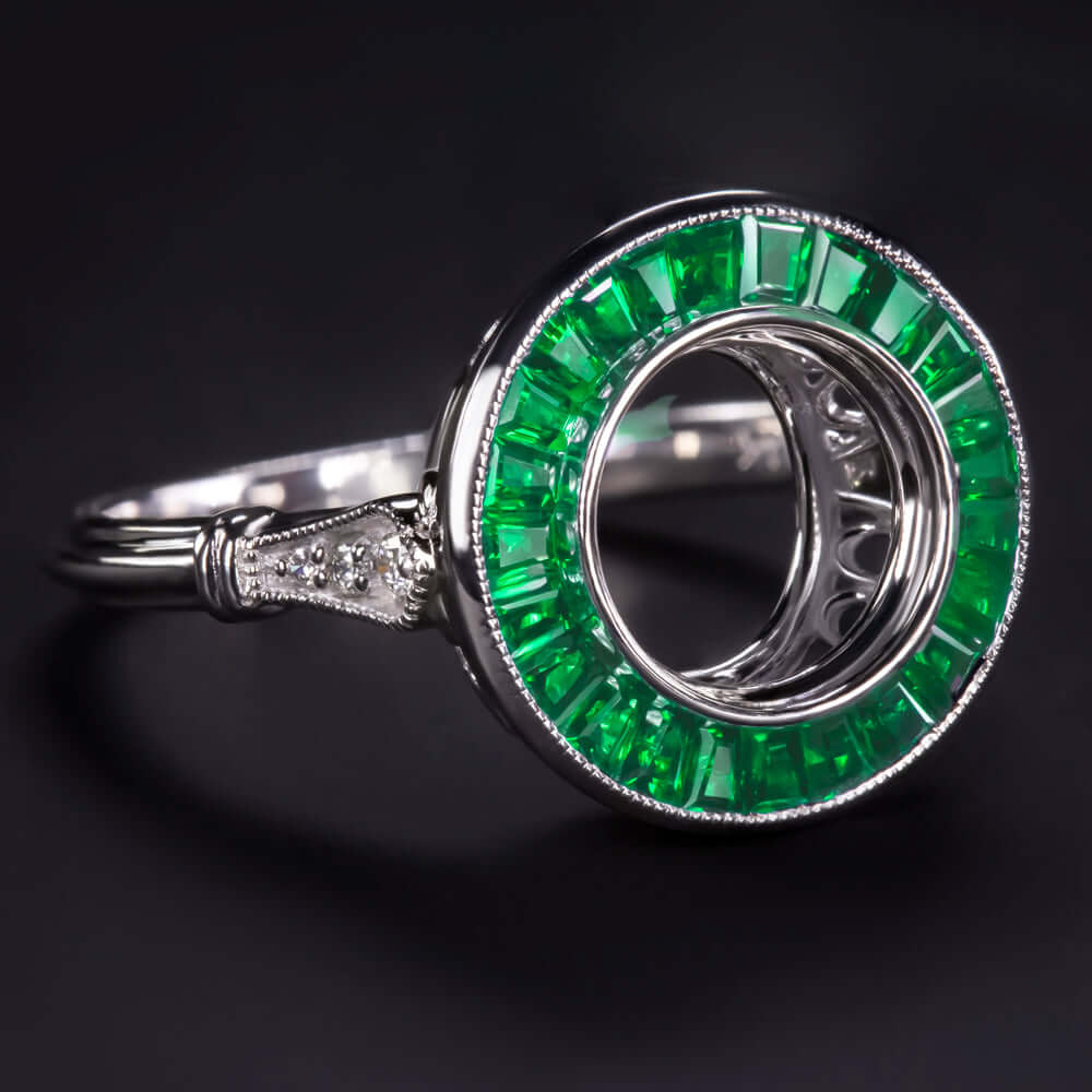 EMERALD DIAMOND ENGAGEMENT RING ROUND SETTING VINTAGE STYLE ART DECO HALO 2CT
