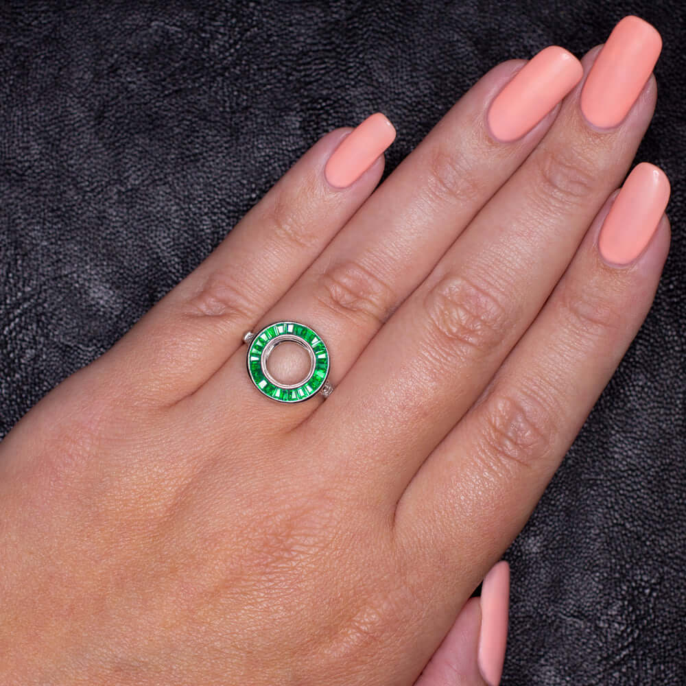 EMERALD DIAMOND ENGAGEMENT RING ROUND SETTING VINTAGE STYLE ART DECO HALO 2CT