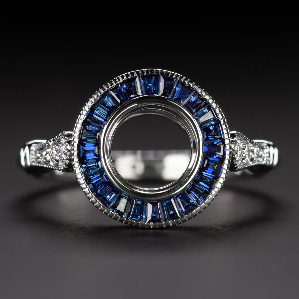 SAPPHIRE DIAMOND ENGAGEMENT RING SETTING 6.5mm MOUNT VINTAGE STYLE ART DECO