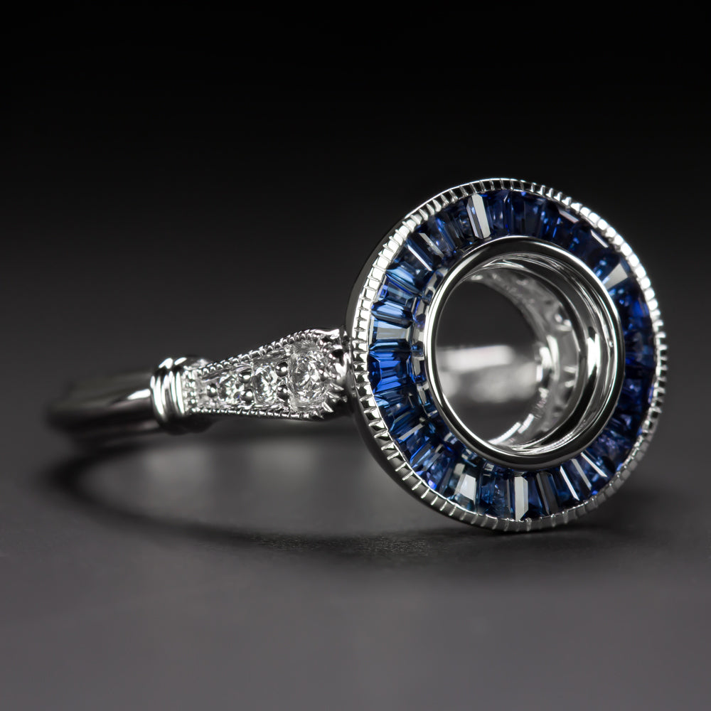 SAPPHIRE DIAMOND ENGAGEMENT RING SETTING 6.5mm MOUNT VINTAGE STYLE ART DECO