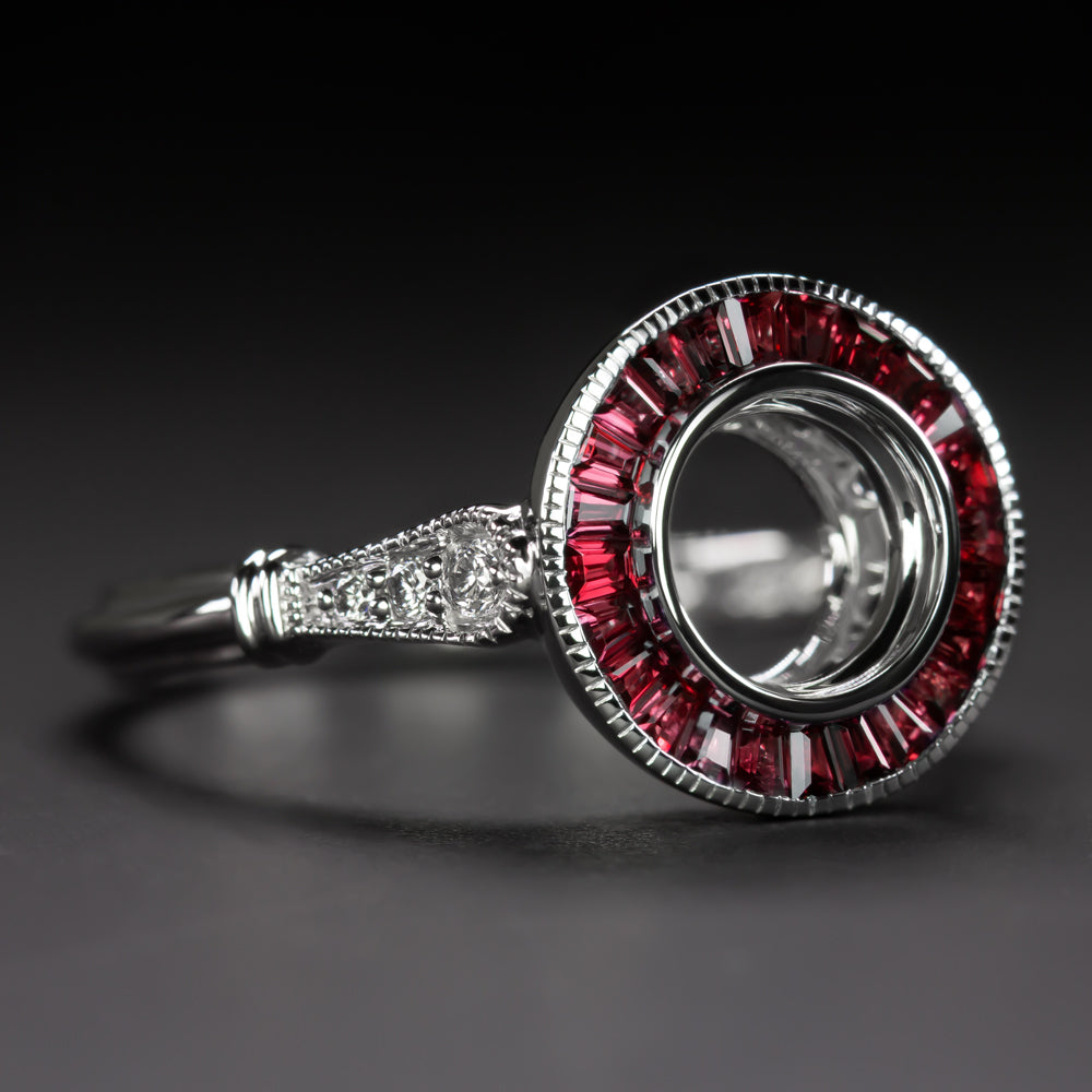 RUBY DIAMOND ENGAGEMENT RING SETTING 6.5mm SEMI MOUNT VINTAGE STYLE ART DECO