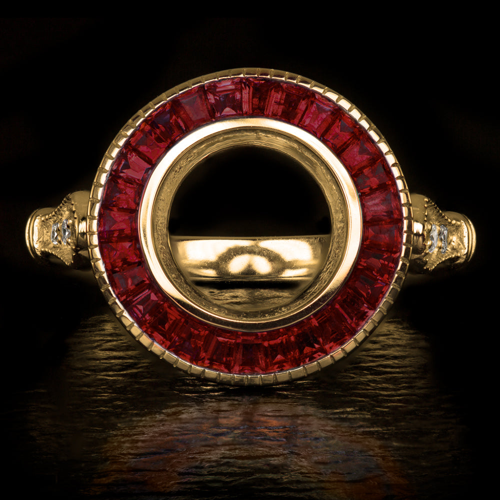 VINTAGE STYLE RUBY DIAMOND RING SETTING 7.5mm ROUND ART DECO SEMI MOUNT GOLD