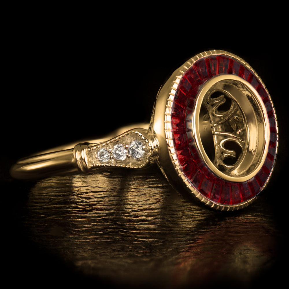 VINTAGE STYLE RUBY DIAMOND RING SETTING 7.5mm ROUND ART DECO SEMI MOUNT GOLD