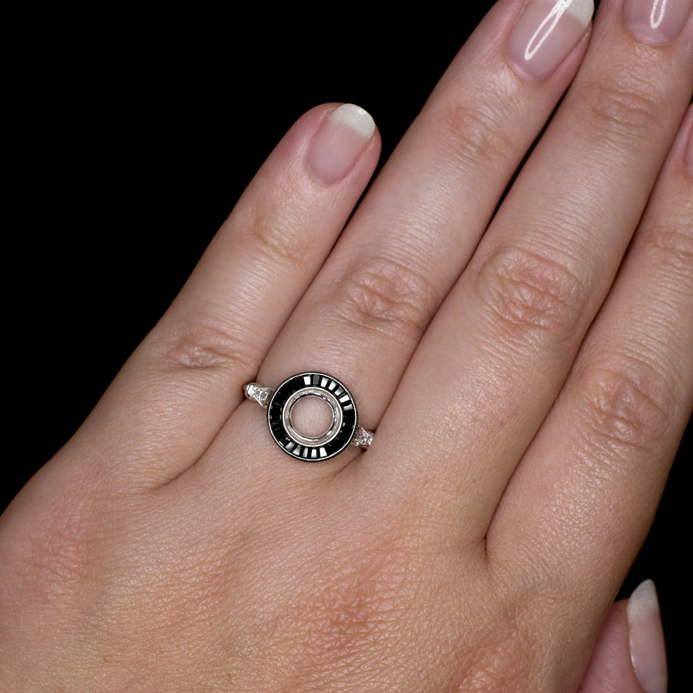 VINTAGE STYLE DIAMOND ONYX ENGAGEMENT RING SETTING ROUND 7mm SEMI MOUNT TARGET