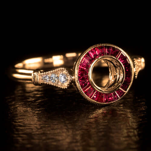 ART DECO STYLE RUBY DIAMOND HALO ENGAGEMENT RING ROSE GOLD SETTING 5mm ROUND