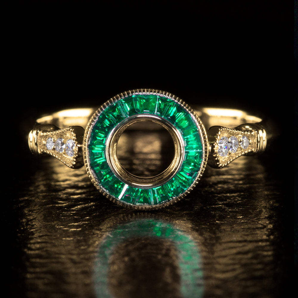 NATURAL EMERALD DIAMOND VINTAGE STYLE HALO ENGAGEMENT RING SETTING 5mm ROUND