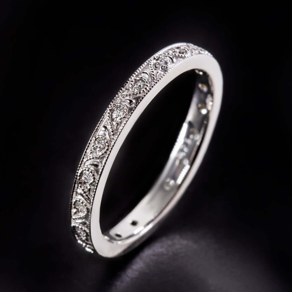 DIAMOND VINTAGE STYLE FILIGREE WEDDING BAND FLORAL RING 14K ETERNITY ART DECO