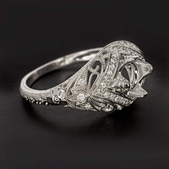 Vintage Art Deco Ring Setting Style - Scroll Filigree Art Deco Crown Engagement Ring Setting for A 1.75 - 2.25 Carat Round Diamond in 18 Karat White