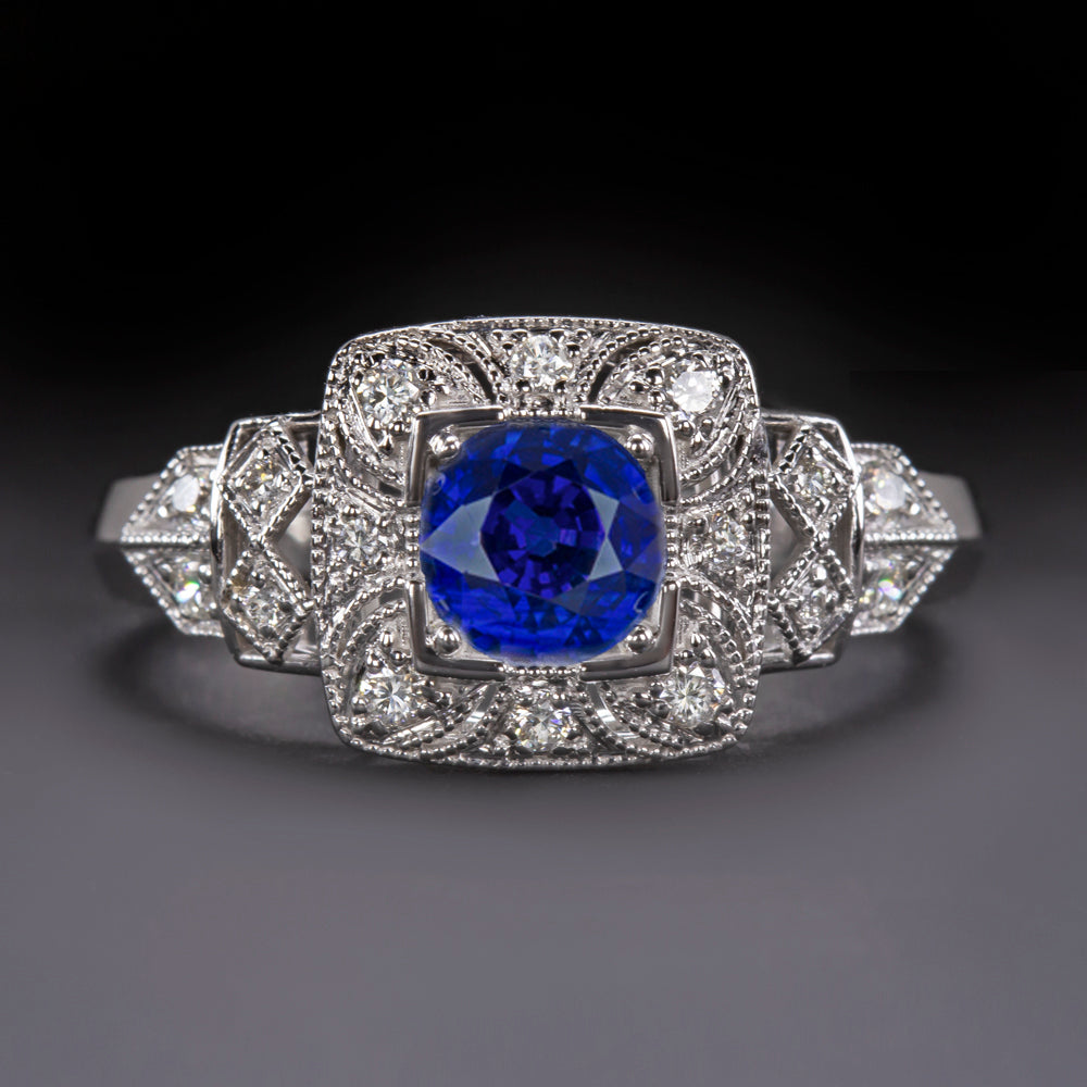 NATURAL SAPPHIRE ART DECO STYLE DIAMOND ENGAGEMENT RING VINTAGE INSPIRED STYLE