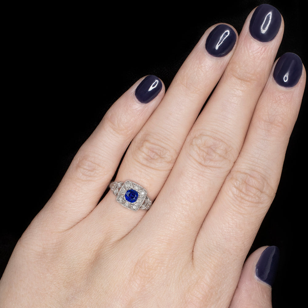 NATURAL SAPPHIRE ART DECO STYLE DIAMOND ENGAGEMENT RING VINTAGE INSPIRED STYLE