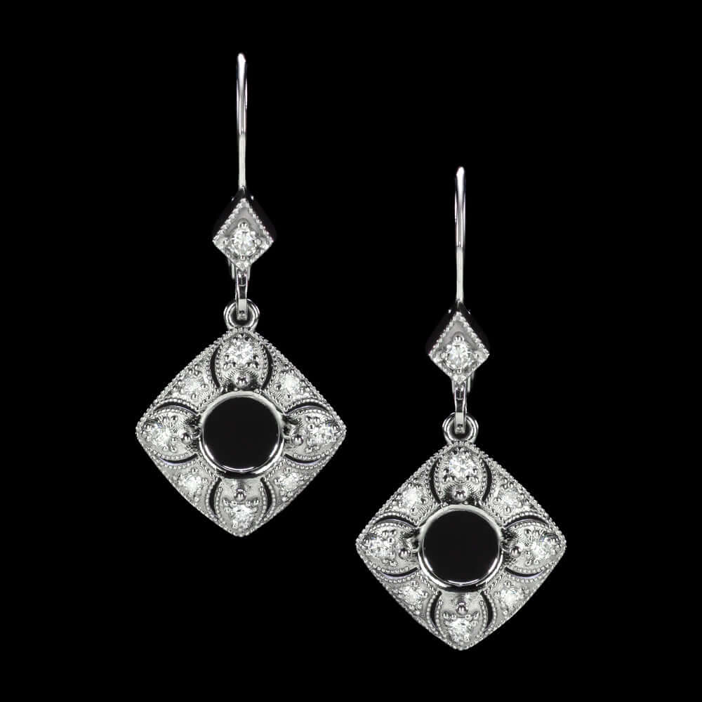 DIAMOND SEMI MOUNT DROP EARRINGS ROUND SETTING VINTAGE STYLE ART DECO DANGLE