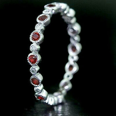 RUBY RED NATURAL WHITE DIAMOND ETERNITY BAND 14K WG COCKTAIL RING VINTAGE STYLE Ivy & Rose