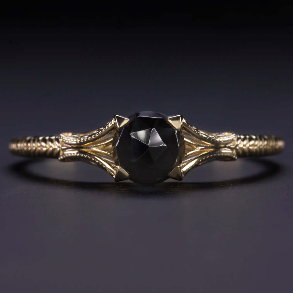 BLACK SPINEL SOLITAIRE RING 14k GOLD 5mm ROSE CUT VINTAGE STYLE DAINTY PROMISE