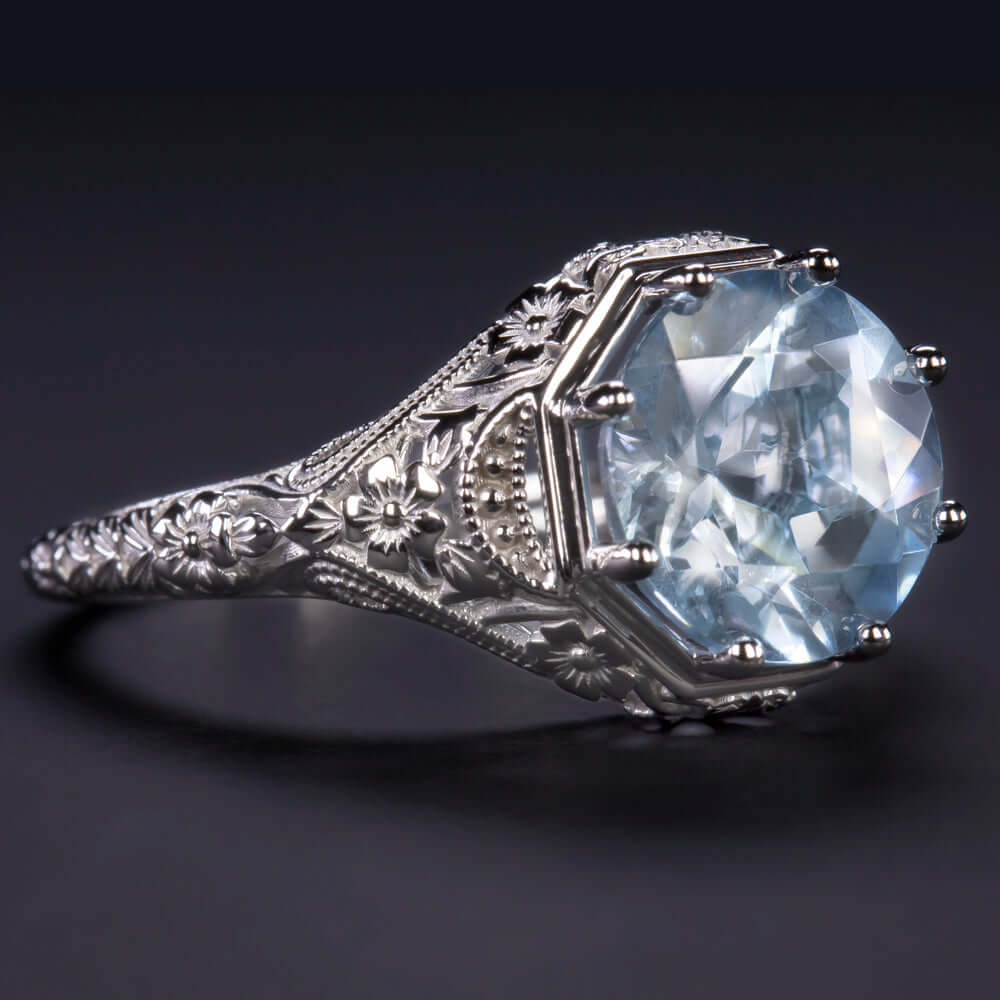 2.30c ROUND CUT AQUAMARINE RING VINTAGE STYLE FILIGREE WHITE GOLD NATURAL BLUE