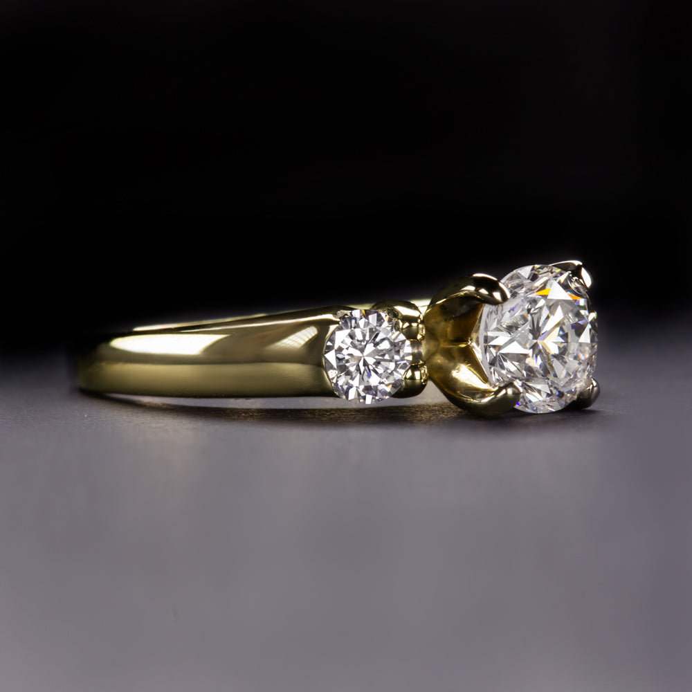 ONE CARAT 3 STONE VG CUT ROUND NATURAL DIAMOND ENGAGEMENT RING 14K YELLOW GOLD