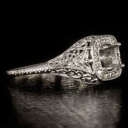 VINTAGE STYLE ROUND DIAMOND PLATINUM ENGAGEMENT RING SETTING CUSHION ENGRAVED 5M Ivy & Rose