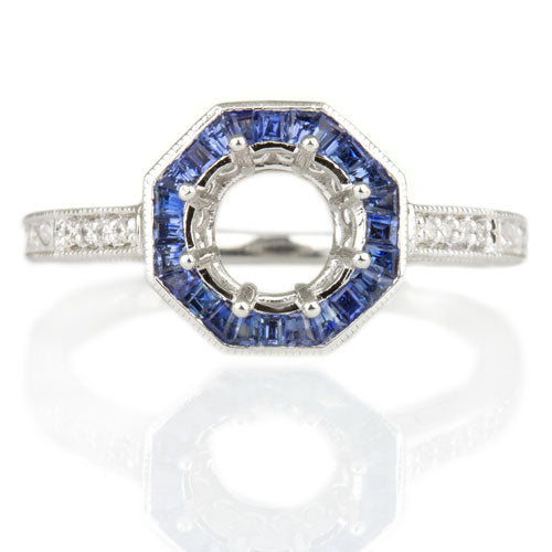 VINTAGE STYLE BLUE SAPPHIRE HALO DIAMOND MOUNT ENGAGEMENT RING ROUND SETTING 14K