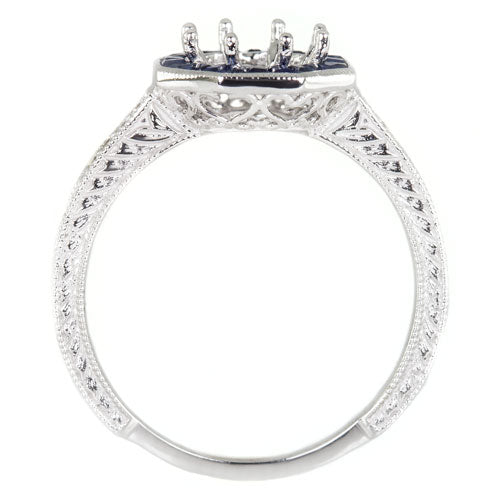 VINTAGE STYLE BLUE SAPPHIRE HALO DIAMOND MOUNT ENGAGEMENT RING ROUND SETTING 14K