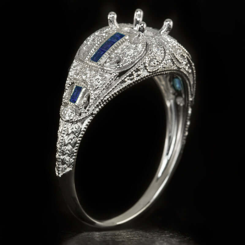 DIAMOND SAPPHIRE VINTAGE STYLE ENGAGEMENT RING SETTING ROUND SEMI MOUNT 5mm 5.5m