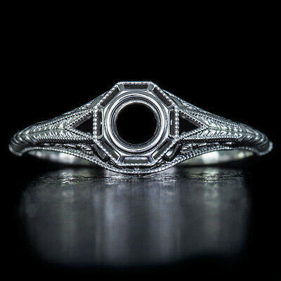ART DECO FILIGREE ENGAGEMENT RING SEMI-MOUNT VINTAGE BEZEL SETTING 4mm ROUND 14K