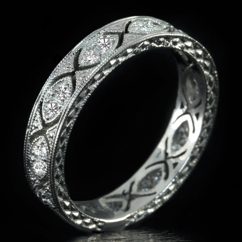 VINTAGE STYLE ART DECO ROUND CUT DIAMOND WEDDING BAND STACKABLE RING ENGRAVED