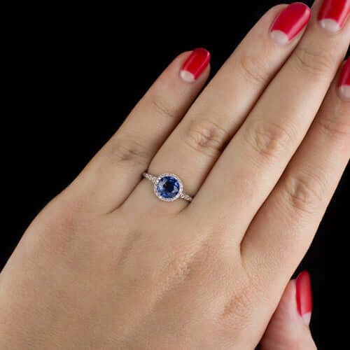 1.22ct NATURAL ROYAL BLUE SAPPHIRE ROUND DIAMOND HALO ENGAGEMENT COCKTAIL RING