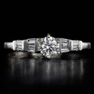 1/2CT ROUND DIAMOND ENGAGEMENT RING G VS CENTER 18K WHITE GOLD BAGUETTE COCKTAIL