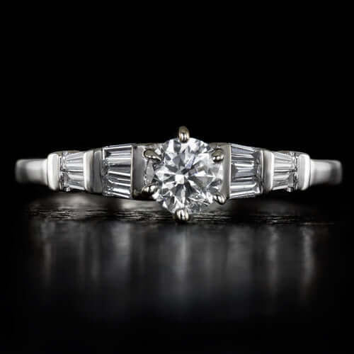 1/2CT ROUND DIAMOND ENGAGEMENT RING G VS CENTER 18K WHITE GOLD BAGUETTE COCKTAIL