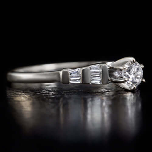 1/2CT ROUND DIAMOND ENGAGEMENT RING G VS CENTER 18K WHITE GOLD BAGUETTE COCKTAIL