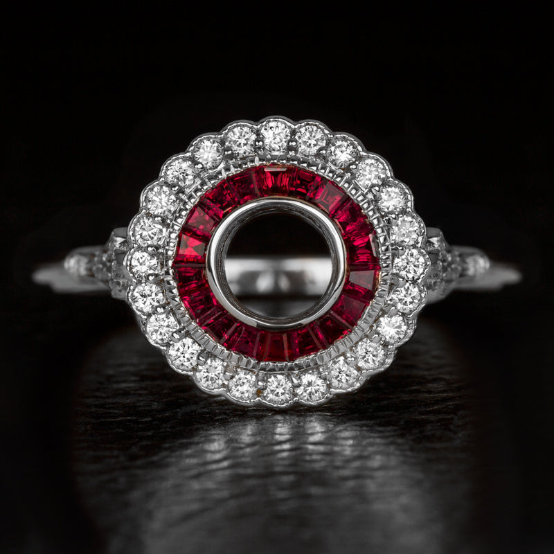 VINTAGE STYLE DIAMOND SCALLOP HALO RUBY ENGAGEMENT RING SETTING ART DECO ROUND