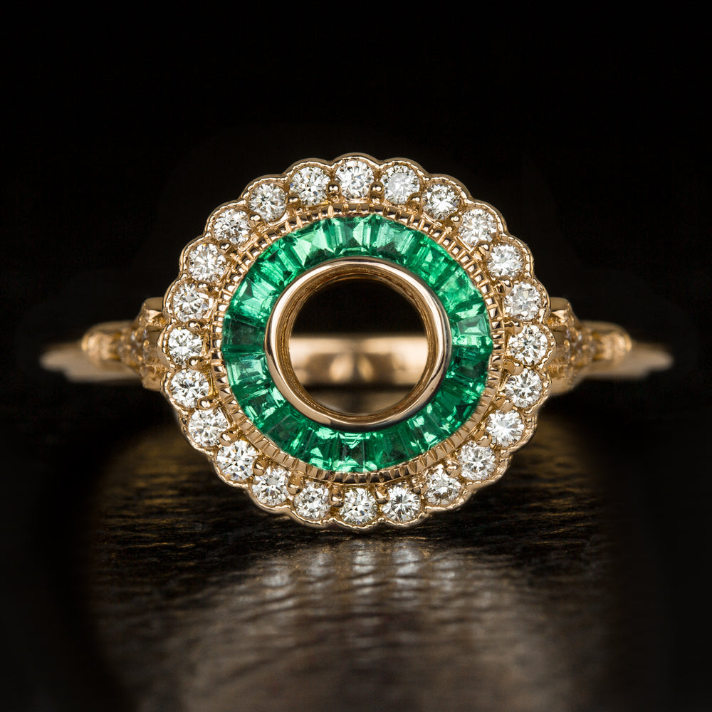 VINTAGE STYLE DIAMOND HALO EMERALD ENGAGEMENT RING SETTING ART