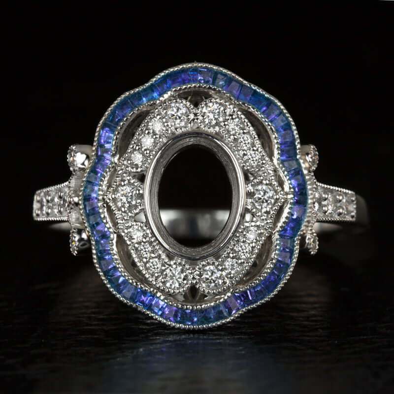 ART DECO SAPPHIRE DIAMOND SEMI MOUNT ENGAGEMENT RING OVAL SETTING VINTAGE STYLE