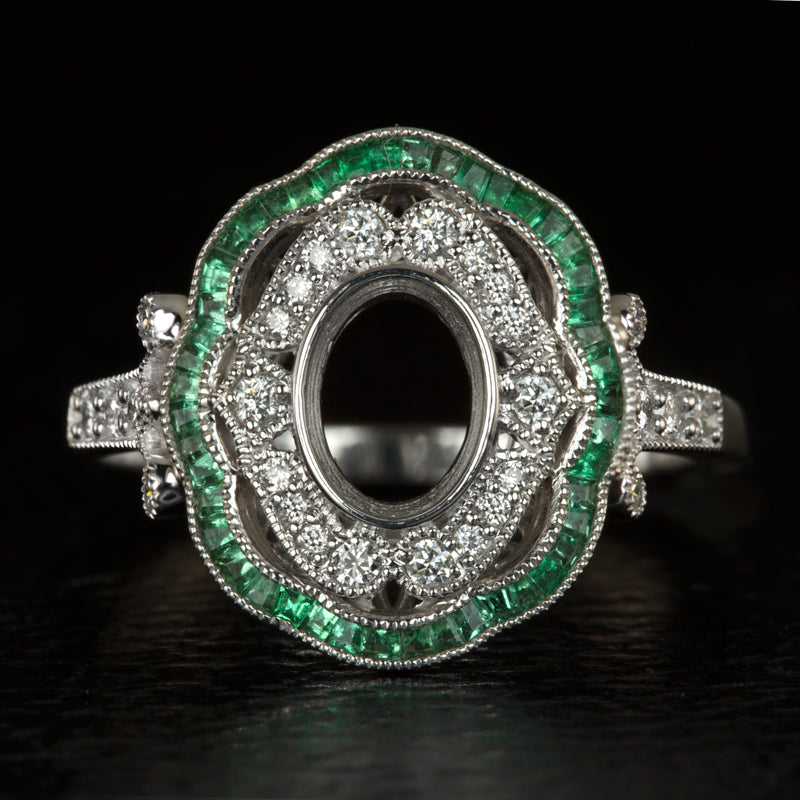 VINTAGE STYLE DIAMOND EMERALD HALO ENGAGEMENT RING SETTING OVAL SEMI MOUNT Ivy & Rose