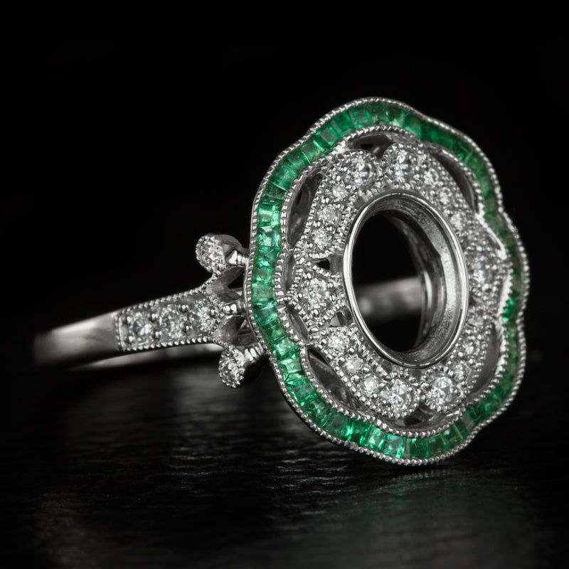 VINTAGE STYLE DIAMOND EMERALD HALO ENGAGEMENT RING SETTING OVAL SEMI MOUNT Ivy & Rose