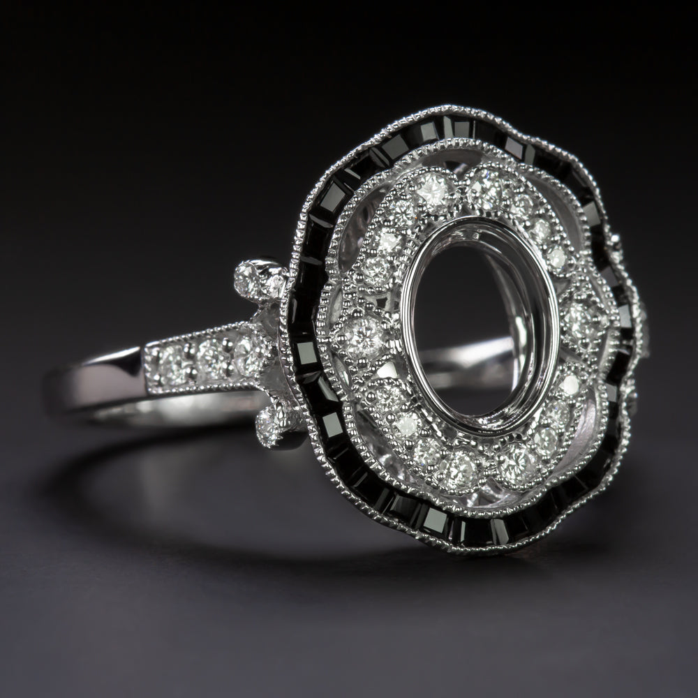VINTAGE STYLE DIAMOND ONYX ENGAGEMENT RING SETTING OVAL SEMI MOUNT