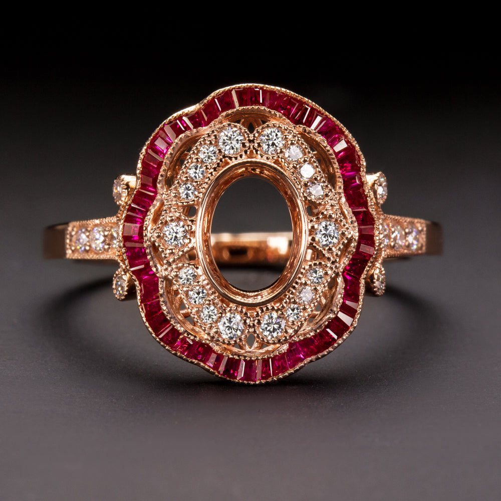 VINTAGE STYLE DIAMOND RUBY ENGAGEMENT RING SETTING OVAL MOUNT ART DECO ROSE GOLD