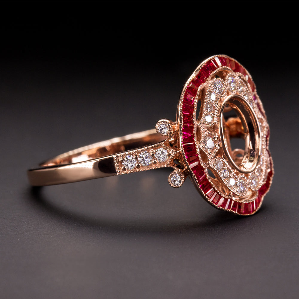 VINTAGE STYLE DIAMOND RUBY ENGAGEMENT RING SETTING OVAL MOUNT ART DECO ROSE GOLD