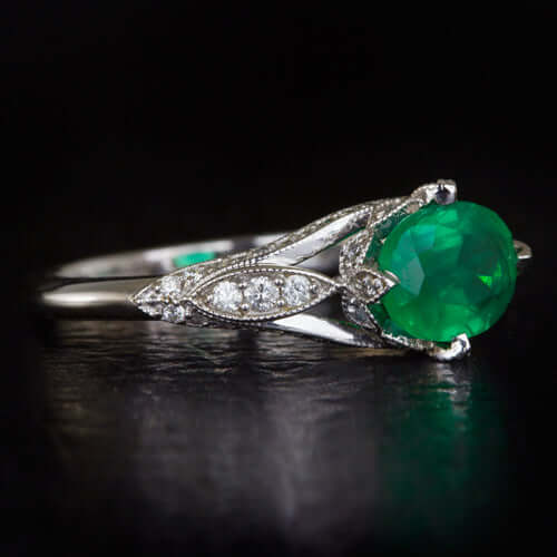 1ct NATURAL EMERALD OVAL DIAMOND VINTAGE STYLE COCKTAIL RING ART DECO WHITE GOLD