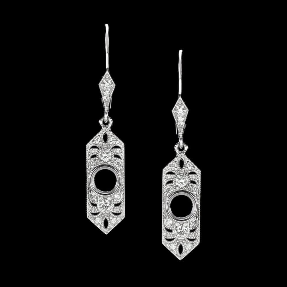 ART DECO STYLE DIAMOND SEMI MOUNT DANGLE EARRINGS 4mm ROUND SETTING VINTAGE DROP