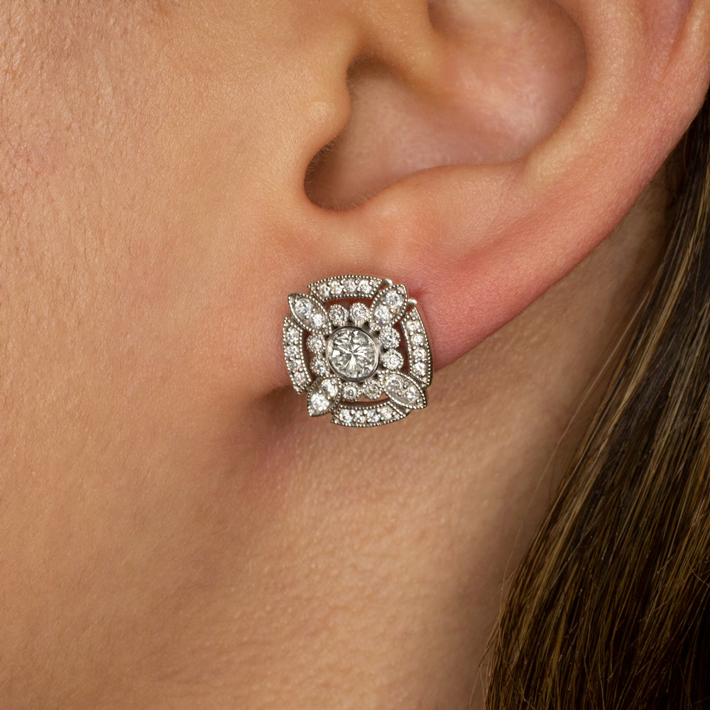 Vintage Diamond Earrings 14K White Gold Non-Pierced Screw Backs