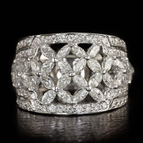 2.50ct DIAMOND COCKTAIL BAND WIDE RING MARQUISE ROUND 18K WHITE GOLD 10G FLORAL