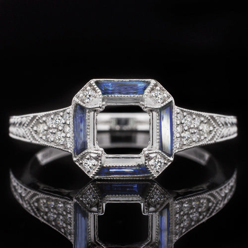VINTAGE STYLE SAPPHIRE BAGUETTE DIAMOND ENGAGEMENT RING SETTING ASSCHER MOUNT