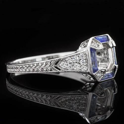 VINTAGE STYLE SAPPHIRE BAGUETTE DIAMOND ENGAGEMENT RING SETTING ASSCHER MOUNT