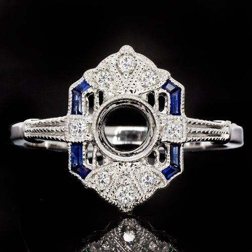 VINTAGE STYLE ART DECO BLUE SAPPHIRE DIAMOND ENGAGEMENT RING