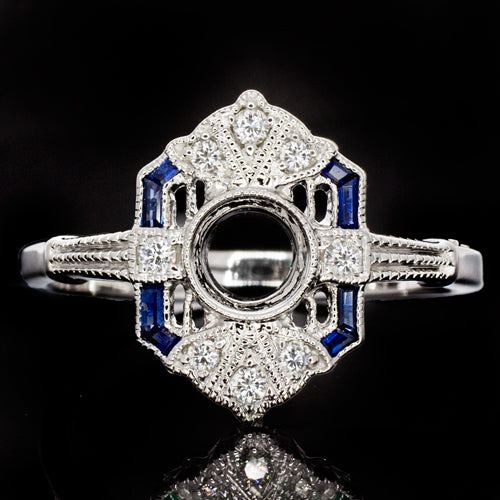 VINTAGE STYLE ART DECO BLUE SAPPHIRE DIAMOND ENGAGEMENT RING SETTING 14K CALIBRE