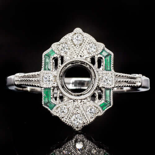 ART DECO GREEN EMERALD DIAMOND VINTAGE ENGAGEMENT RING SETTING ROUND CUT NATURAL