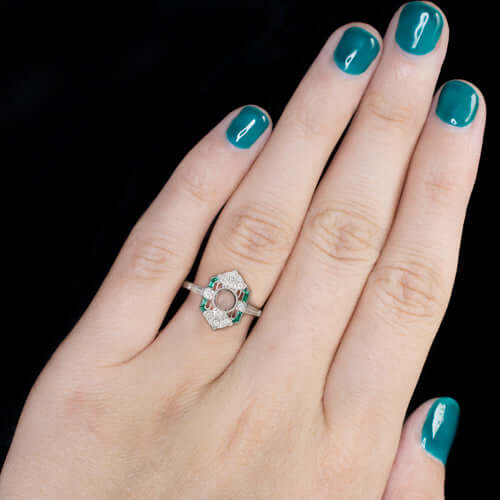 ART DECO GREEN EMERALD DIAMOND VINTAGE ENGAGEMENT RING SETTING ROUND CUT NATURAL