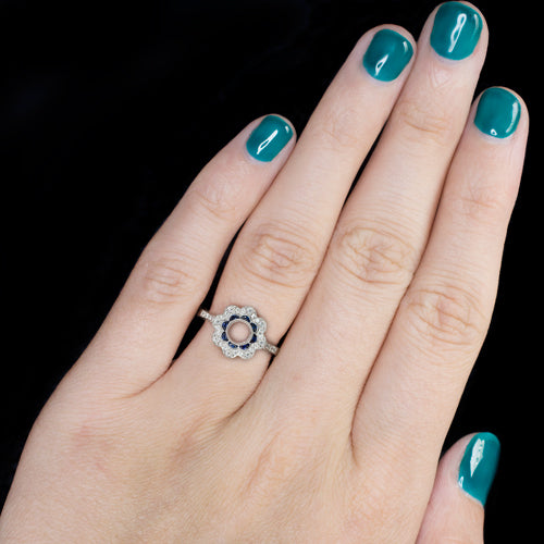 NATURAL SAPPHIRE DIAMOND FLORAL VINTAGE STYLE HALO ENGAGEMENT RING SETTING ROUND