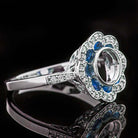 BLUE SAPPHIRE DIAMOND VINTAGE STYLE ENGAGEMENT RING SEMI MOUNT SETTING FLORAL
