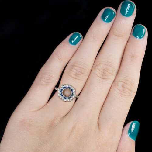 BLUE SAPPHIRE DIAMOND VINTAGE STYLE ENGAGEMENT RING SEMI MOUNT SETTING FLORAL